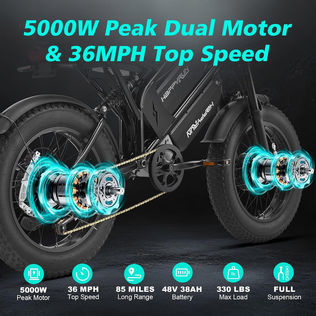 HAPPYRUN Dual Motor Electric Bike for Adults 5000W Peak Removable 38Ah Battery All-Terrain 20' Fat Tire Ebike 36MPH 85+ Miles Hydraulic Disc Brake Electric Dirt Bike G70 Pro