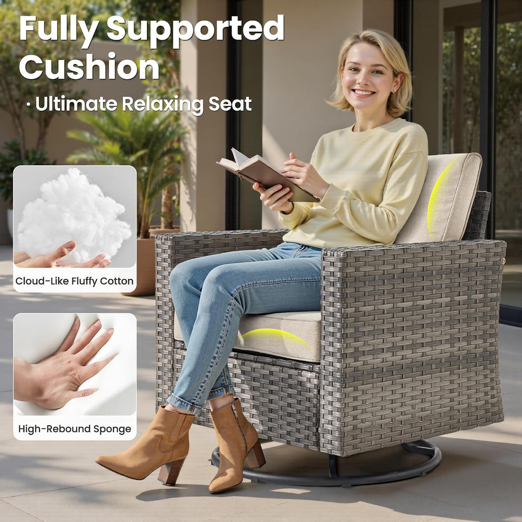 ovios 3 Pieces Patio Swivel Chairs with Side Table, Outdoor Wicker Rocking Chairs of 2 with Comfy Cushions, Rattan Glider Rocker Bistro Set for Porch Deck, Beige