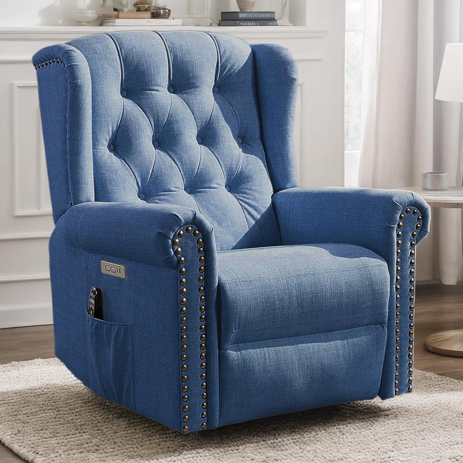 VIVIJASON Power Swivel Rocking Recliner Chair with Massage & Heat, Electric Rocker Glider Chair for Nursery, Wingback Tufted Upholstered Recliner W/Type-C & USB Ports for Living Room, Bedroom, Blue