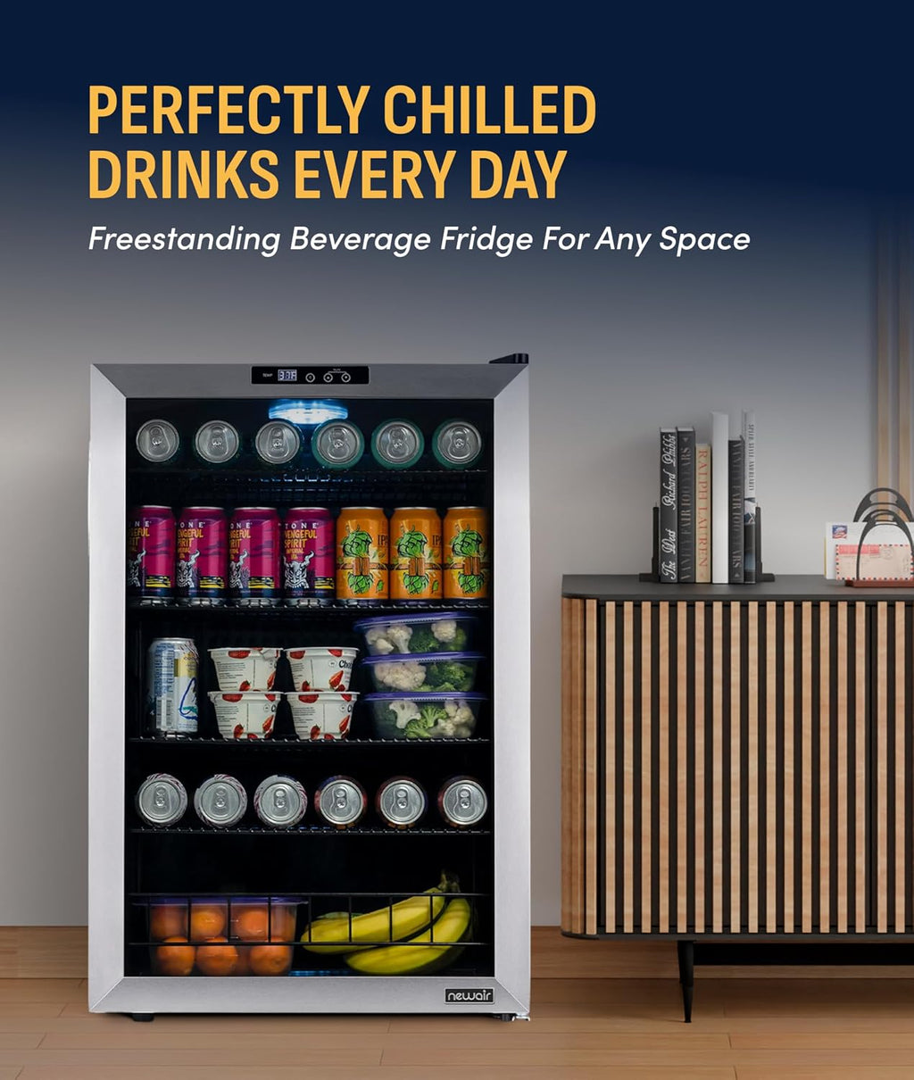 NewAir 160 Can Beverage Refrigerator | Freestanding Small Mini Fridge for Bedroom, Home Bar or Living Room | SplitShelf Storage, Digital Thermostat & LED Light | Stainless Steel