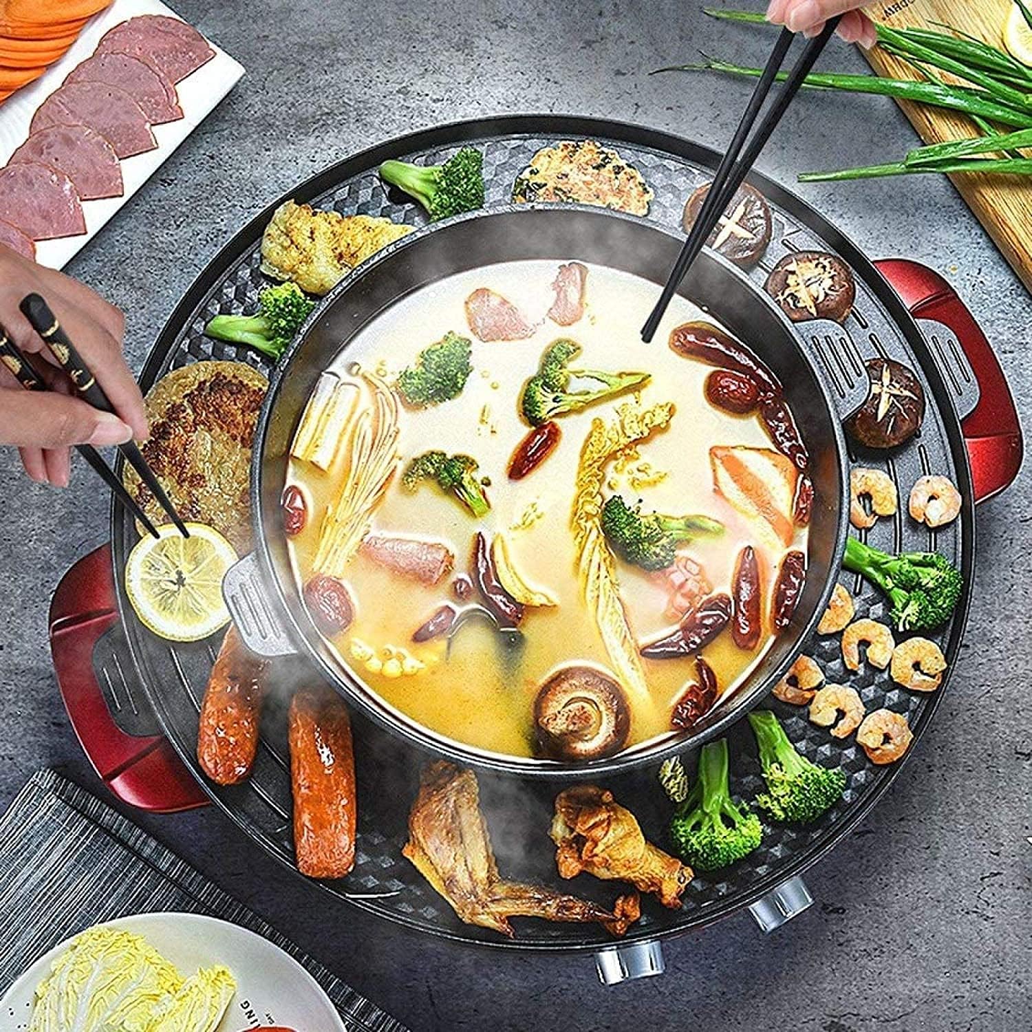 BBQ Smokeless Grill 2-in-1 Barbecue Hot Pot One Pot Detachable Electric Hot Pot Adjustable Temperature Indoor Smokeless Hot Pot Barbecue Machine
