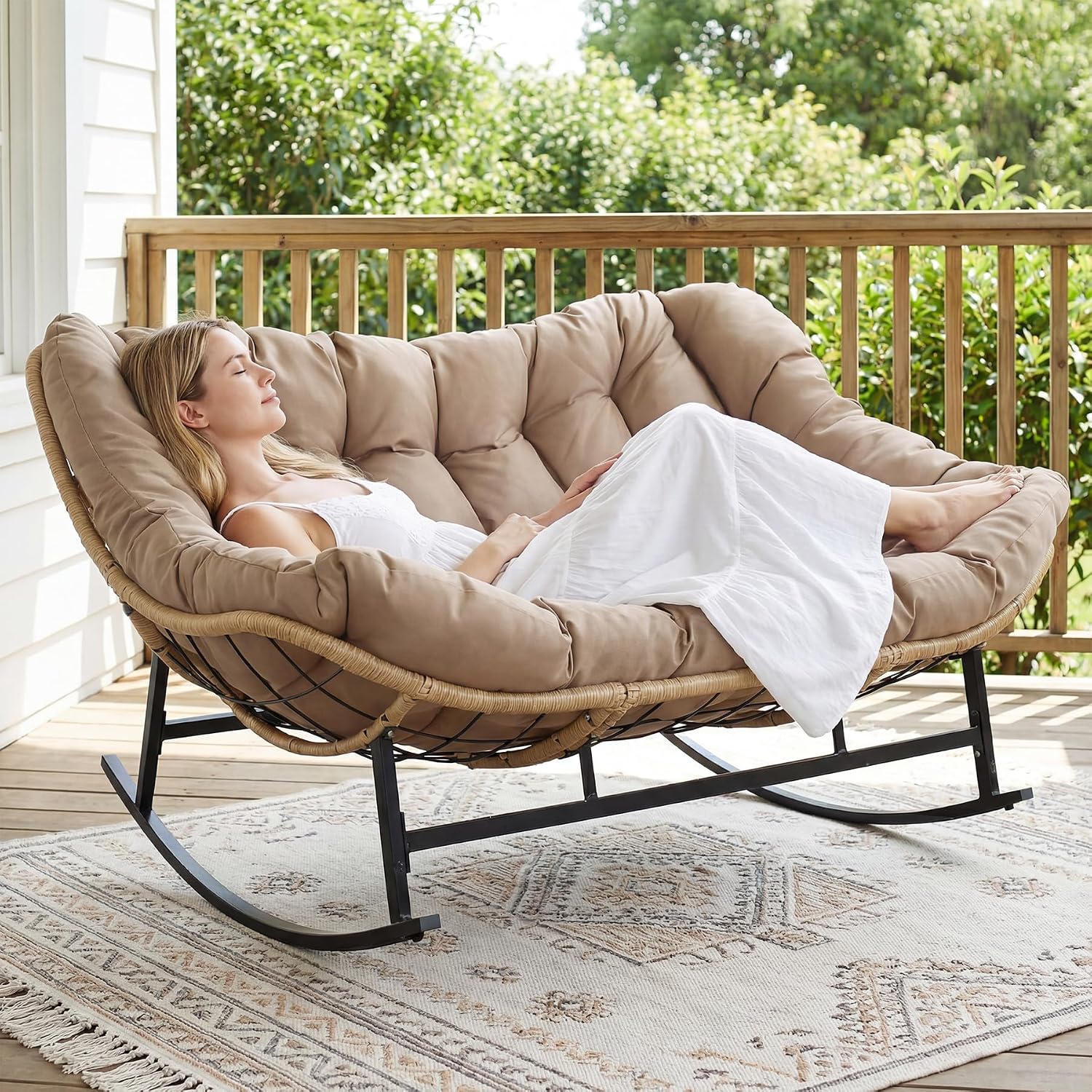 RADIATA Oversized Double Rocking Papasan Chair, Extra Wide Patio Rocker for 2 Adults, PE Wicker Egg Chair with Cushion, Heavy Duty Comfortable Outdoor Furniture for Garden, Balcony or Sunroom
