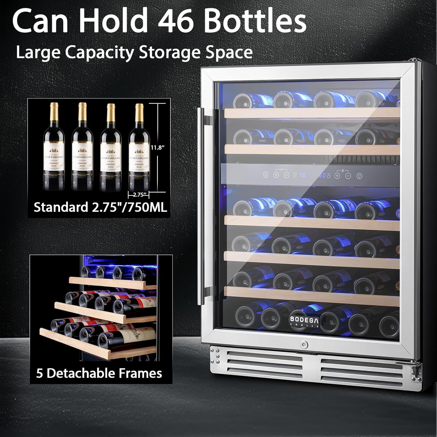 BODEGA 24 Inch Wine Cooler-46 Bottles Dual Zone Wine Fridge,41-68°F Wine Refrigerators Free standing, Built-in Compressor Mini Fridge with Adjustable Shelves for Home,kitchen, Office, Bar.