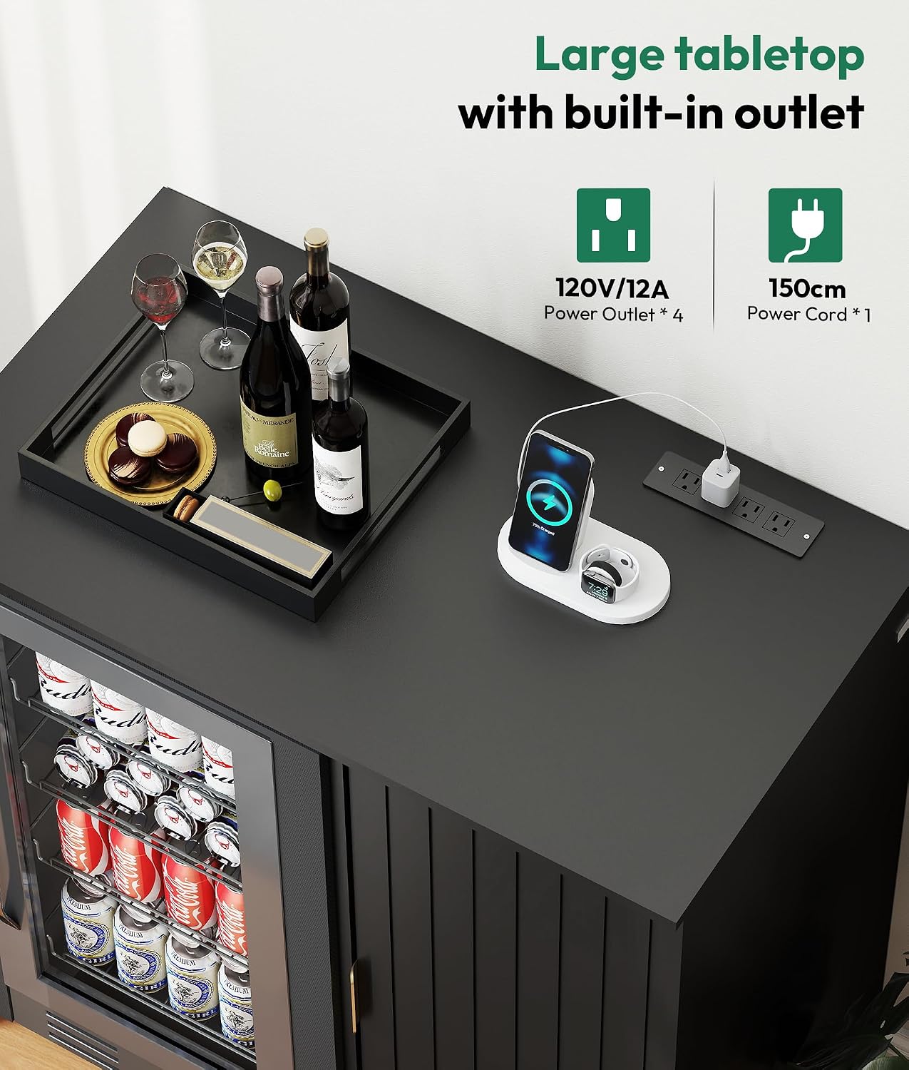 Lamtor Mini Fridge Cabinet with Storage - Snack Bar Cabinet with Power Outlet, Fluted Coffee Bar with Mini Fridge Space for Home Theater,Game Room,Living Room, Black
