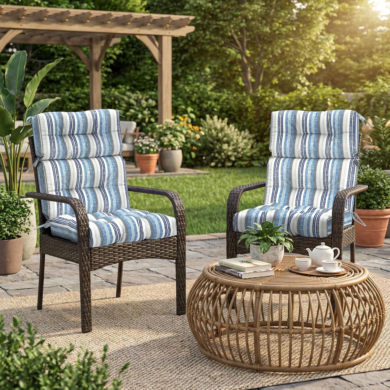 Outdoor High Back Patio Chair Cushions, Tufted Rocking Chair Cushions, Adirondack Cushions for Garden Porch Home Office Chairs Use, 44' x 22' x 4', 2 Pack, Stripe Layered Blue