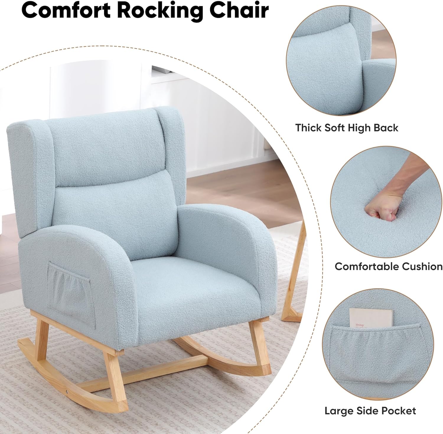 HCHAIRH Nursery Rocking Chair,Wingback Nursery Rocking Chairs,Nursing Glider Rocker Chair with High Back for Living Room Bedroom(Teddy Blue)