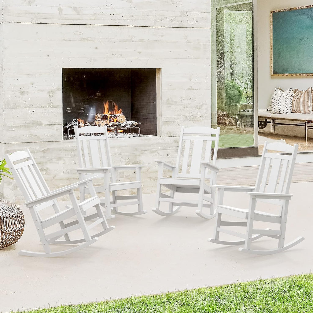 LUE BONA Outdoor Rocking Chairs Set of 4, Weather Resistant HDPS Poly Rocker Chairs, 350lb Heavy Duty, Oversized Porch Rocker for Adult, High Back Smooth Rocking Chairs for Outdoor & Indoor, White
