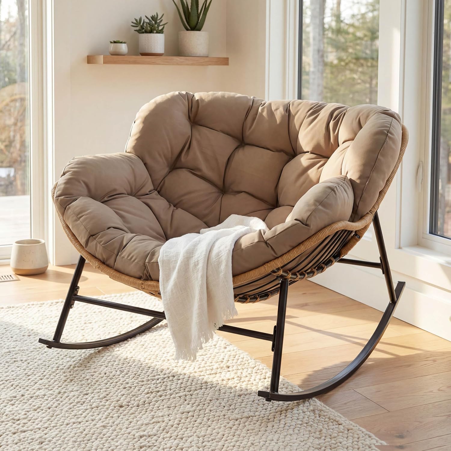 NICESOUL Oversized Papasan Rocking Chair with Cushion, All-Weather Wicker Egg Rocker Indoor Outdoor, 450 lbs Sturdy Comfy Recliner Glider Lounge Chair for Balcony Livingroom Bedroom Porch, Brown