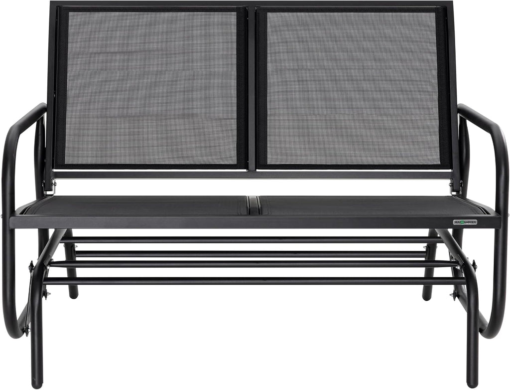 NUU GARDEN 2 Person Outdoor Glider Bench Patio Glider, Patio Glider Swing Chair with Powder Coated Steel Frame and Breathable Seat Fabric, Black Outdoor Loveseat, Black