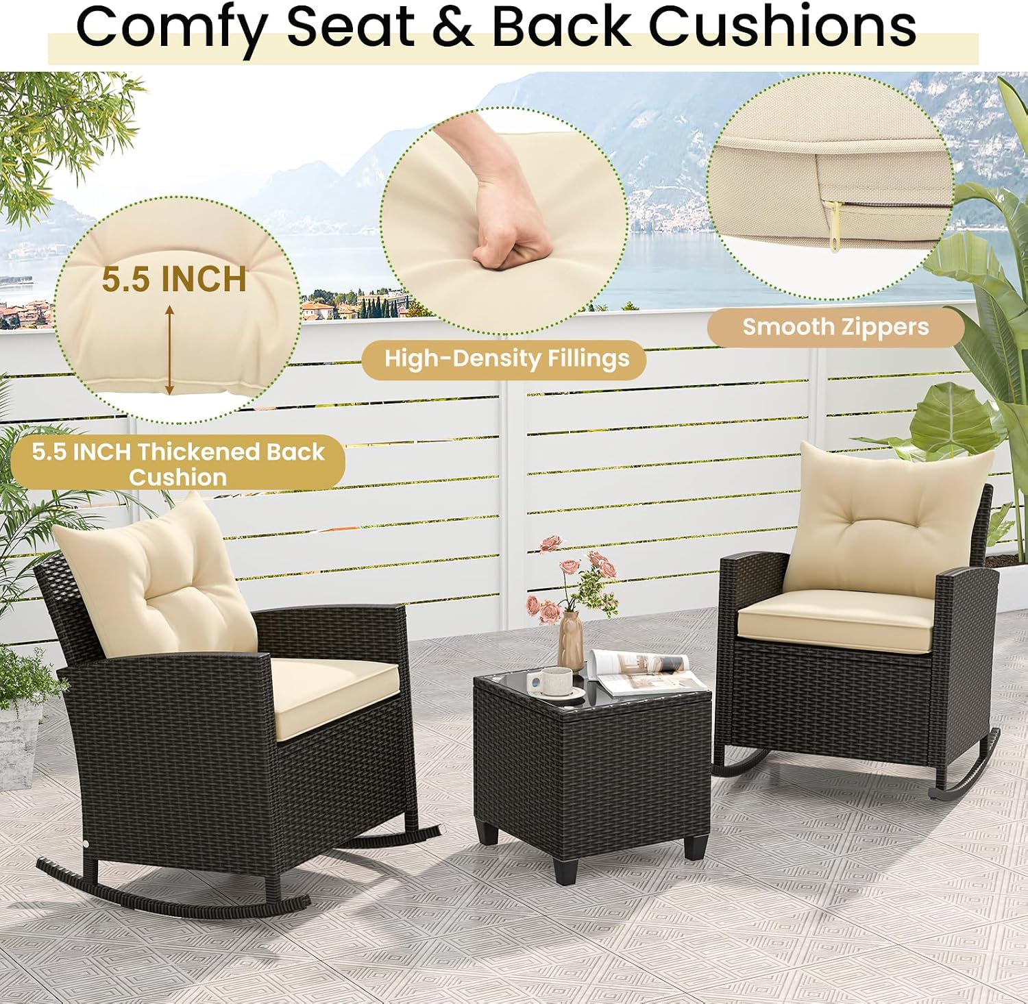 ORALNER 3 Pieces Patio Furniture Set, Outdoor Wicker Rocking Chairs with Soft Cushions, Glass Coffee Table, Rattan Conversation Bistro Set for Front Porch Balcony Garden Deck Poolside (Beige)