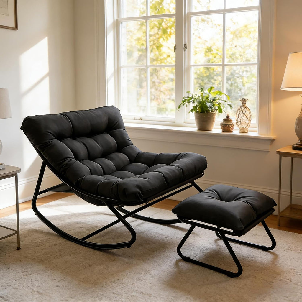 Oversized Papasan Rocker, Comfy Patio Rocking Chair, Outdoor Rocker Chair, Indoor Rocking Egg Chair with Cushion & Ottoman for Bedroom, Living Room, Front Porch (Black)