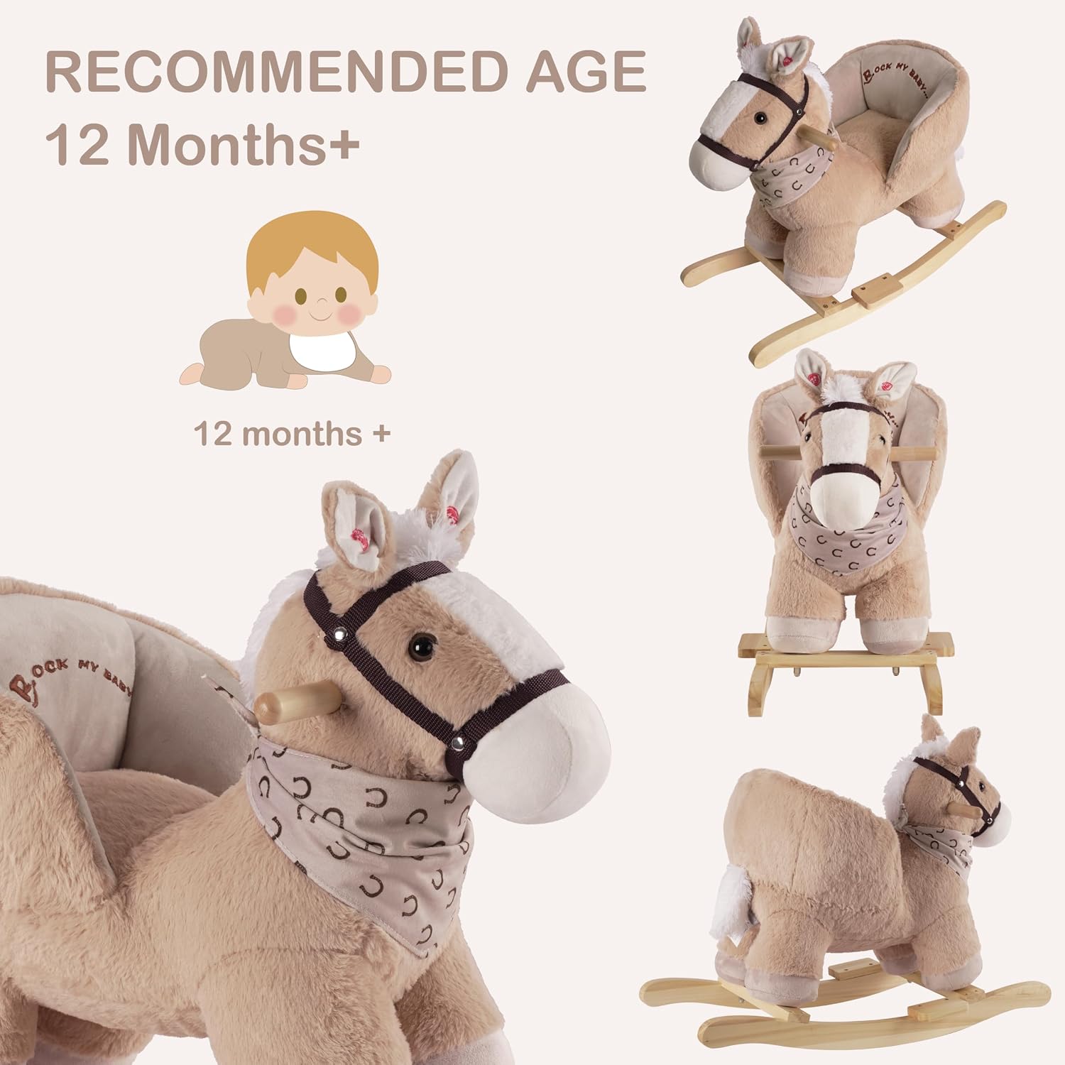 Rock My Baby Rocking Horse, Baby Animal Rocking Horse with Seat, Ride on Horse, Plush Rocking Horse with Realistic Sound, Wooden Rocking Horses Ages 1-3 (Caramel Color Horse), CPC Certified