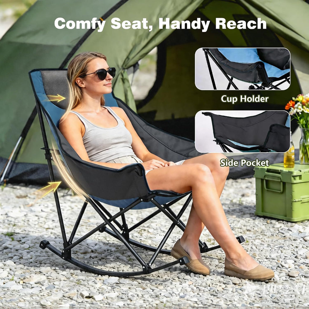 SUNNYFEEL Rocking Camping Chair 2 Pack, Luxury Padded Recliner, Oversized Folding Lawn Chair with Pocket, Heavy Duty for Outdoor/Picnic/Lounge/Patio, Portable Camp Rocker Chairs with Carry Bag