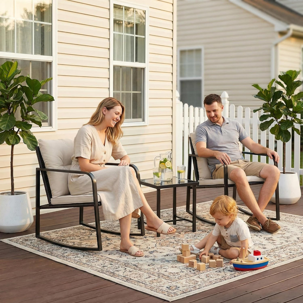 Flamaker Patio Chairs 3 Piece Wicker Rocking Chair Outdoor Bistro Sets with Coffee Table and Cushions Metal Frame Patio Furniture for Porch, Balcony, Lawn (White)