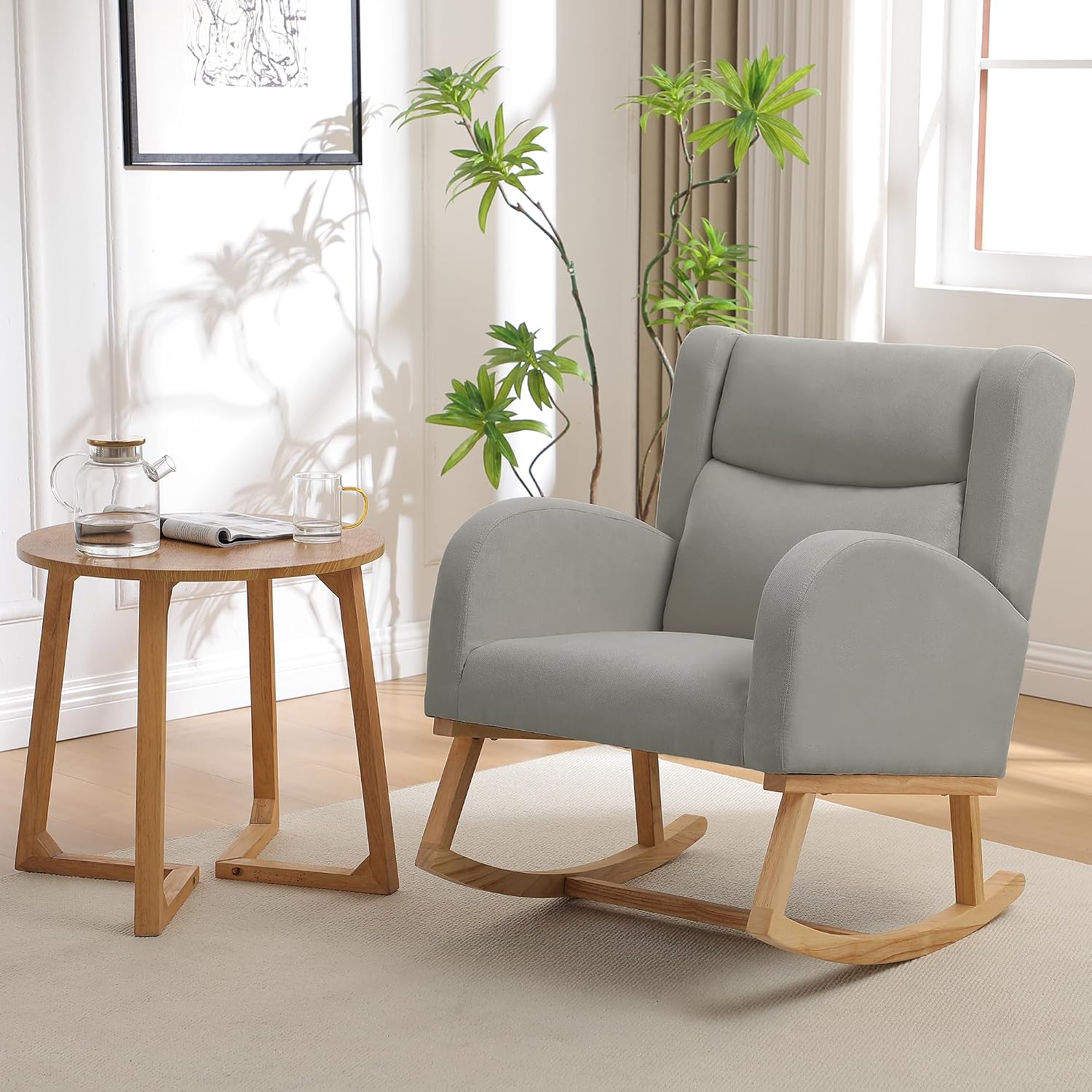 Nursery Rocking Chairs, Upholstered Rocking Chairs Glider Rocker for Living Room,Bedroom, Comfy Linen Glider Rocker Nursing Chair Wingback with Side Pocket for Nursing Adult Light Grey