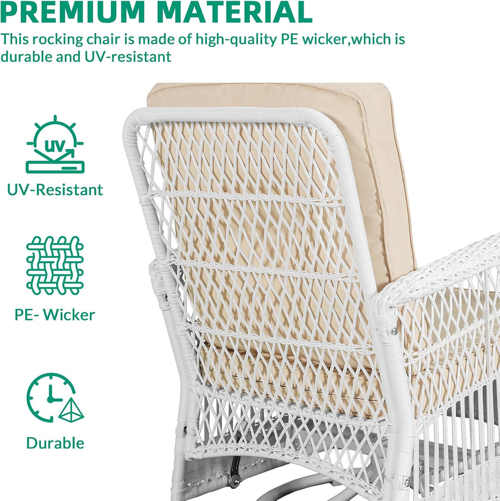 VIVIJASON 3-Piece Patio Conversation Bistro Set, Outdoor Swivel Glider Rocking Chairs Rattan Furniture Set w/ 2 Rattan Chairs, Glass Top Side Table for Porch Backyard, White - Beige
