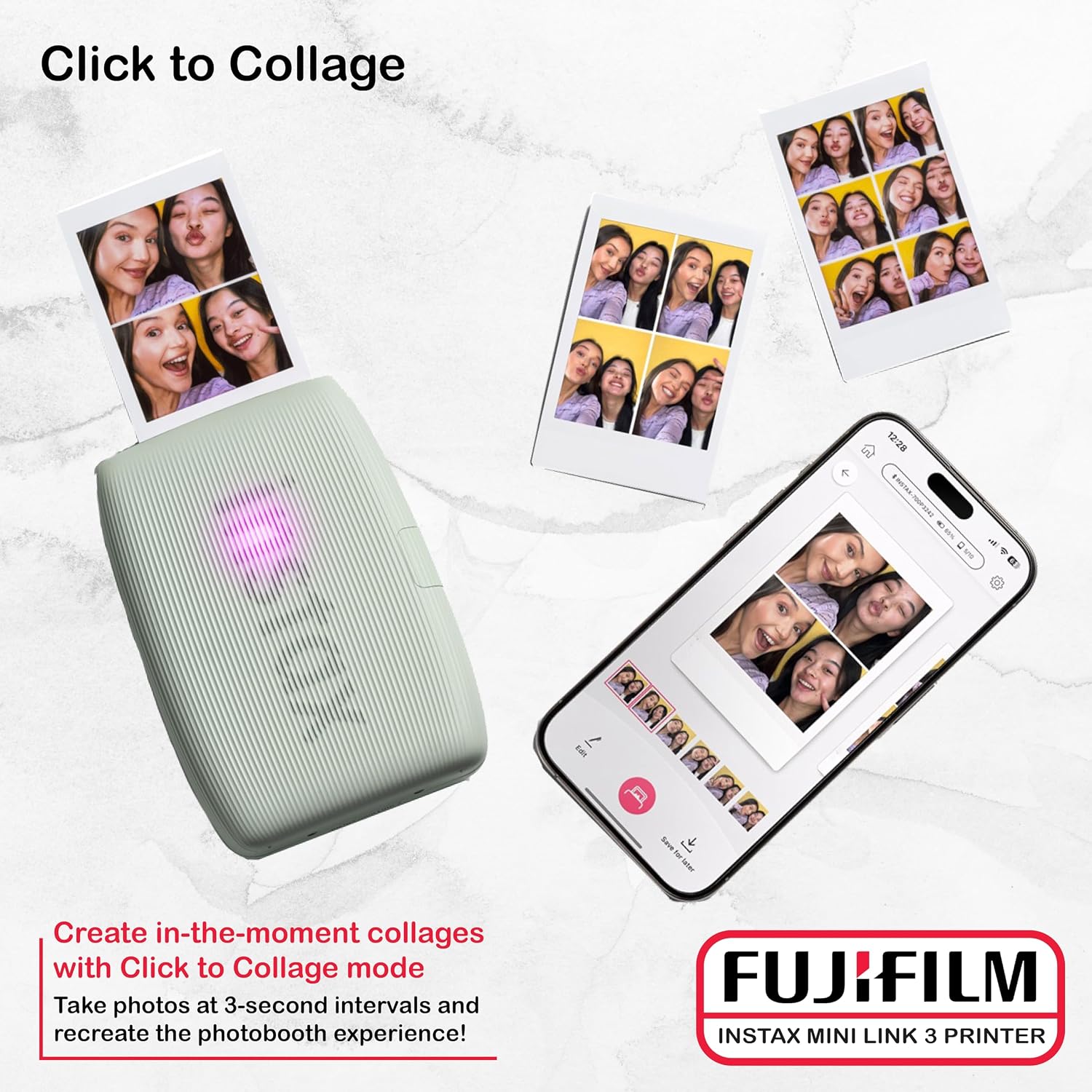 FUJIFILM Instax Mini Link 3 Smartphone Printer Bundle with Fujifilm Instant Mini Film (20 Sheets), Hanging Photo Frames, Table top Photo Frame for Mini Film (Sage Green)