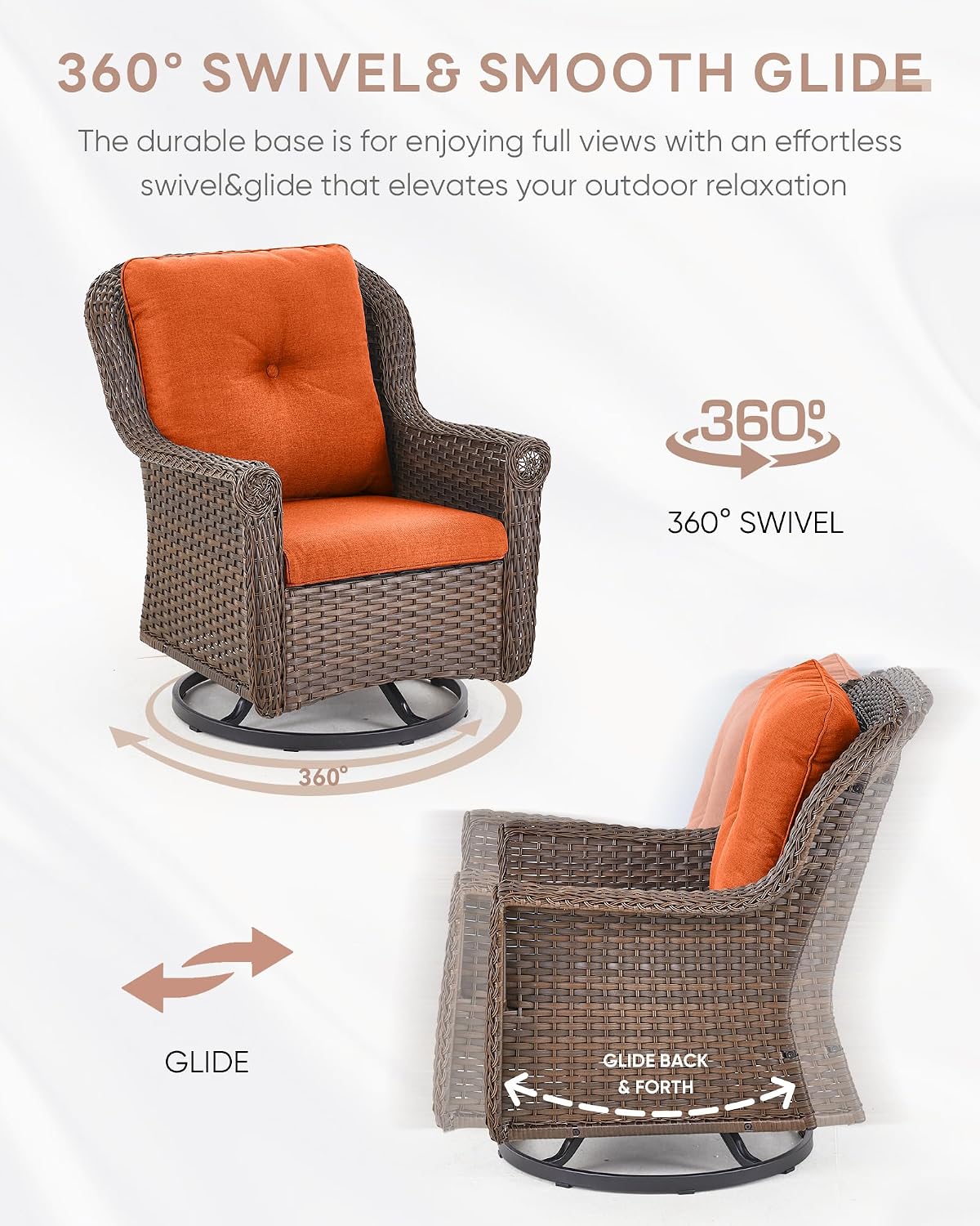 Patio Chairs Outdoor Swivel Glider - Set of 4 High Back Outside Brown Wicker Rattan Rocking Chair with Thick Cushion for Porch Apartment Deck Yard Poolside Garden - Orange