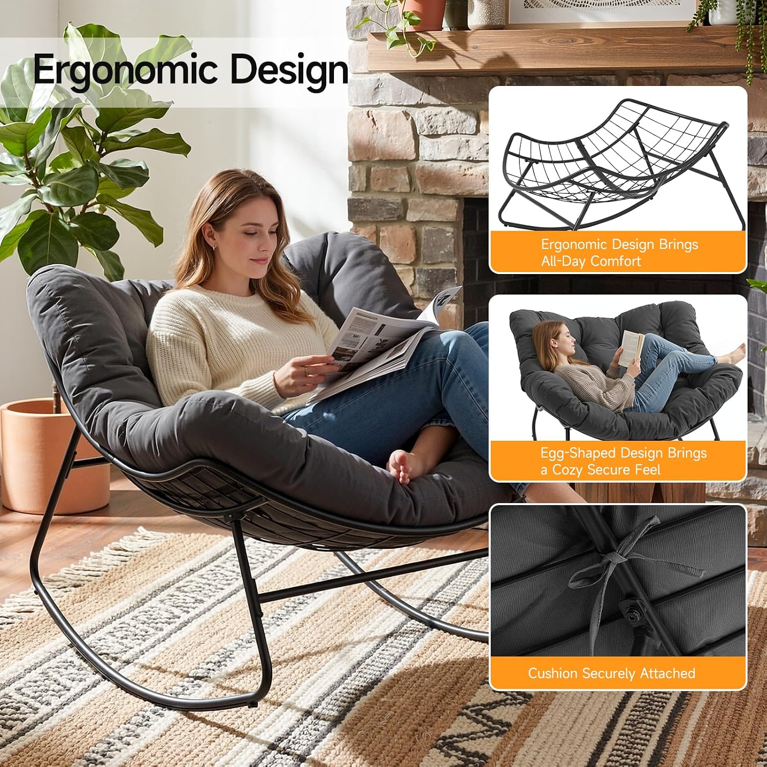 Outdoor Papasan Rocking Chair, 450 lbs Oversized Comfy Patio Chair with Thickened Cushion, Indoor Egg Rocking Lounge Chairs, Rocker Chairs for Patio Porch Garden Living Room Bedroom, Dark Gray