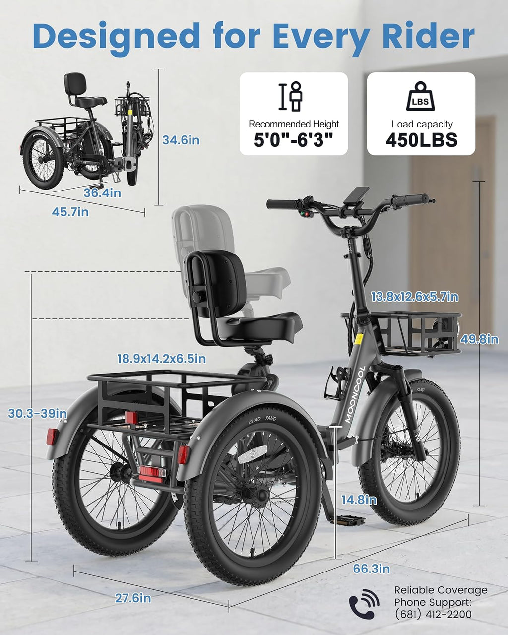 MOONCOOL Electric Trike for Adults, 500W/750W 48V Electric Tricycle for Adults, 20'x3.0' Fat Tire 3 Wheel Electric Bike, Folding Aluminum Adult Tricycle with Removable Battery