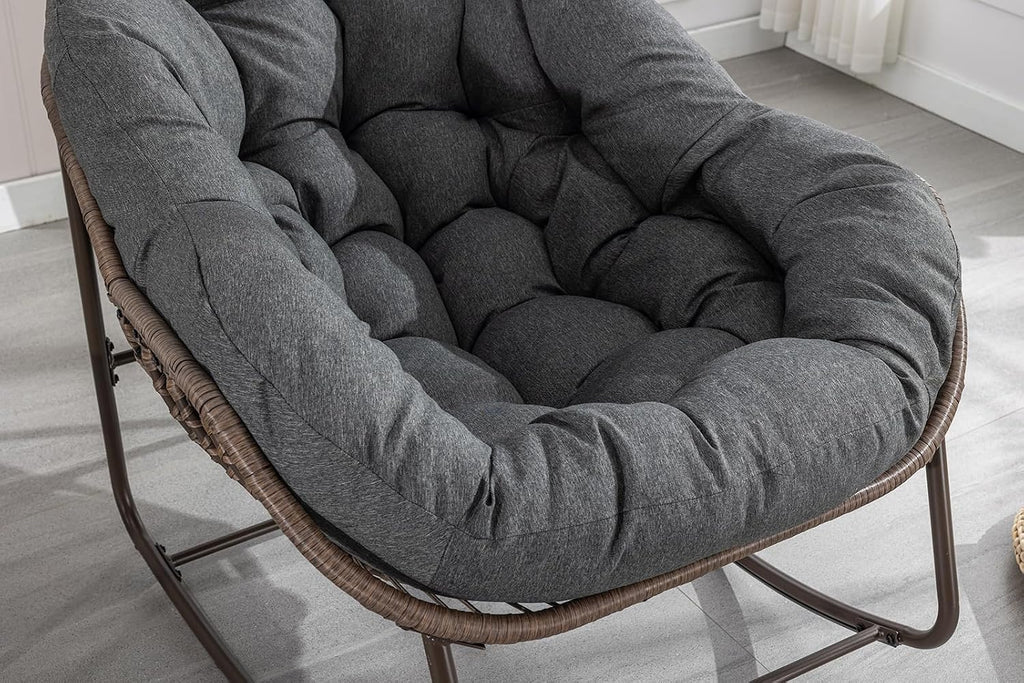 Deolme Large Papasan Rocking Chair with Cushion, Oversized Comfy Reading Chair Lounging Indoor Outdoor Rocker for Front Porch Backyard Bedroom Living Room Egg Chair Rattan (Dark Grey)