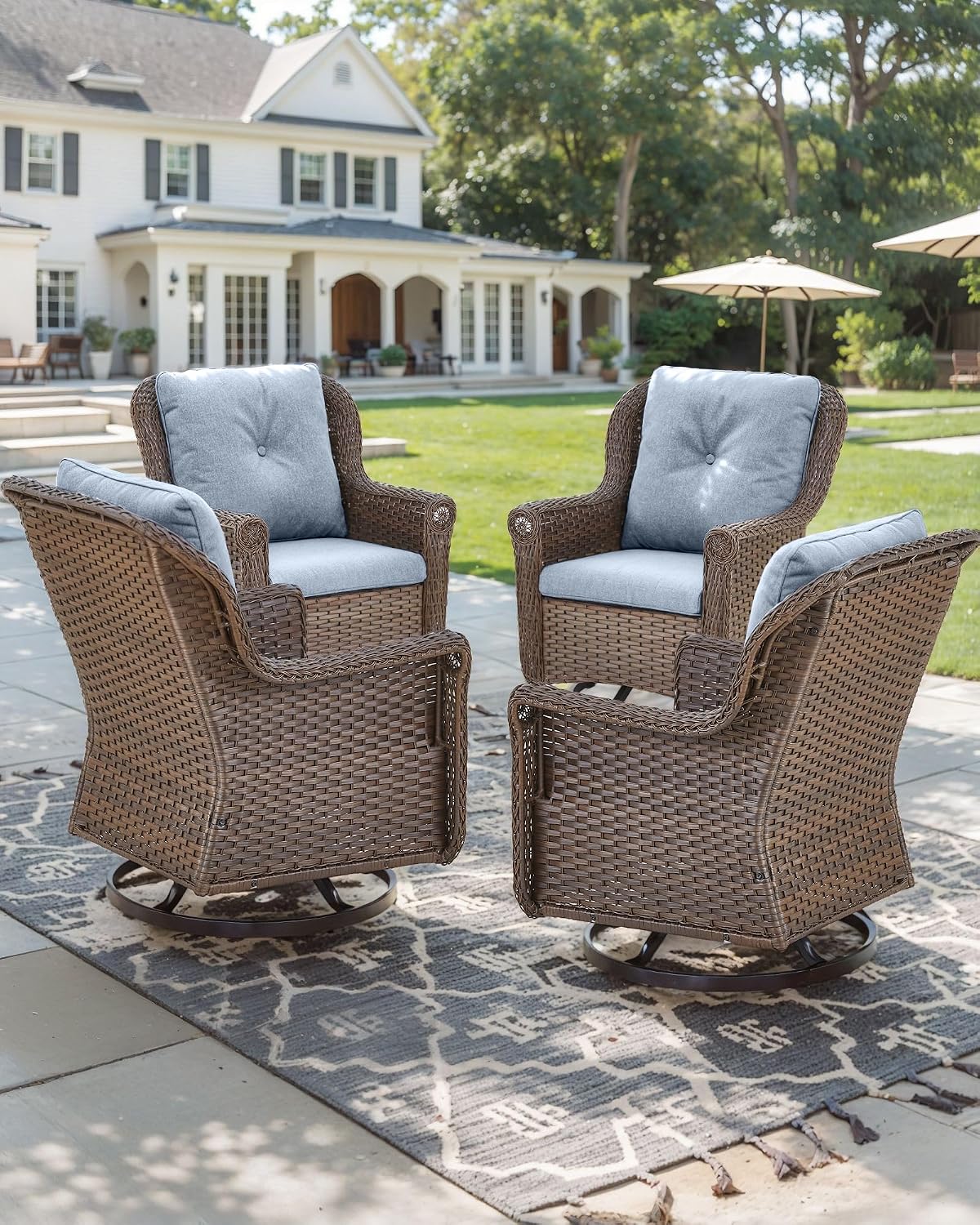 Patio Chairs Outdoor Swivel Glider - Set of 4 High Back Outside Brown Wicker Rattan Rocking Chair with Thick Cushion for Porch Apartment Deck Yard Poolside Garden - Baby Blue