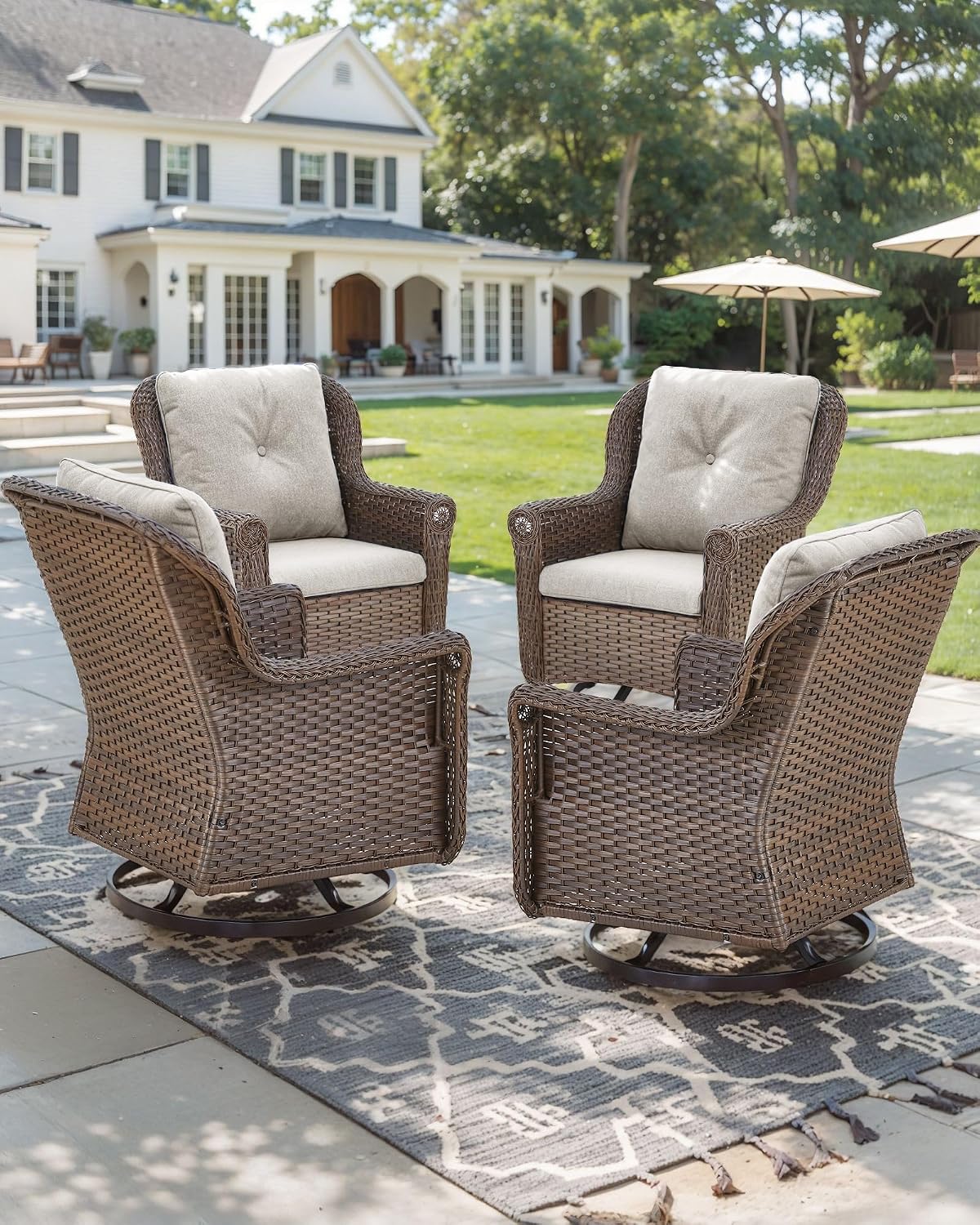 Patio Chairs Outdoor Swivel Glider - Set of 4 High Back Outside Brown Wicker Rattan Rocking Chair with Thick Cushion for Porch Apartment Deck Yard Poolside Garden - Beige