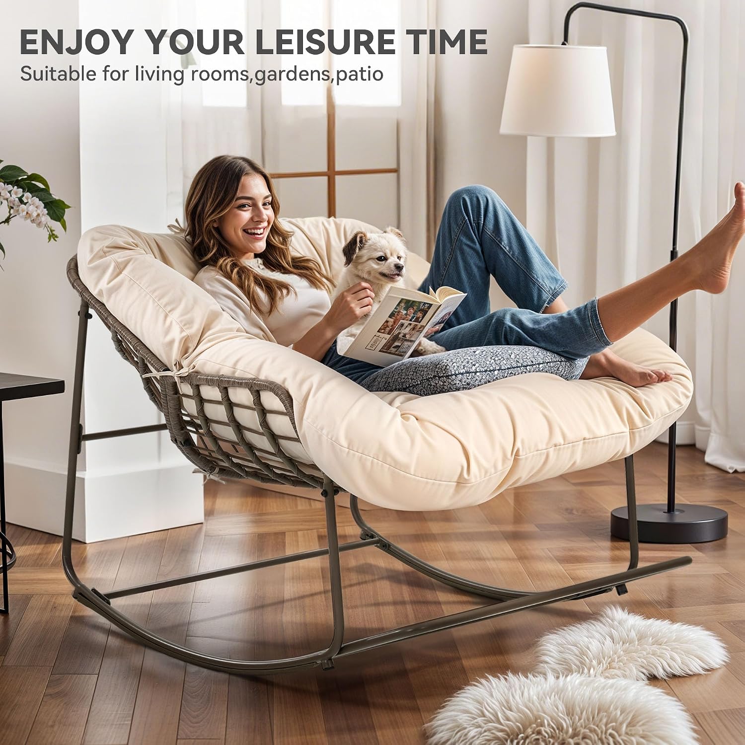YITAHOME Rocking Papasan Chair, Wide Rocking Chair, Comfy Indoor and Outdoor Lounge Chair with Thick Cushion for Bedroom, Living Room, Patio, Porch, Garden, Deck, Lawn (Beige)