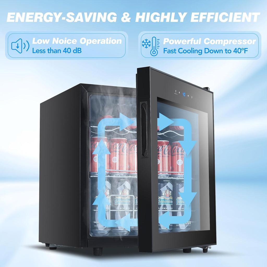 Beverage Refrigerator, 1.6 Cu.ft Mini Fridge w/ 120 Can Capacity, Small Cooler for Home - Freestanding, Glass Door Black