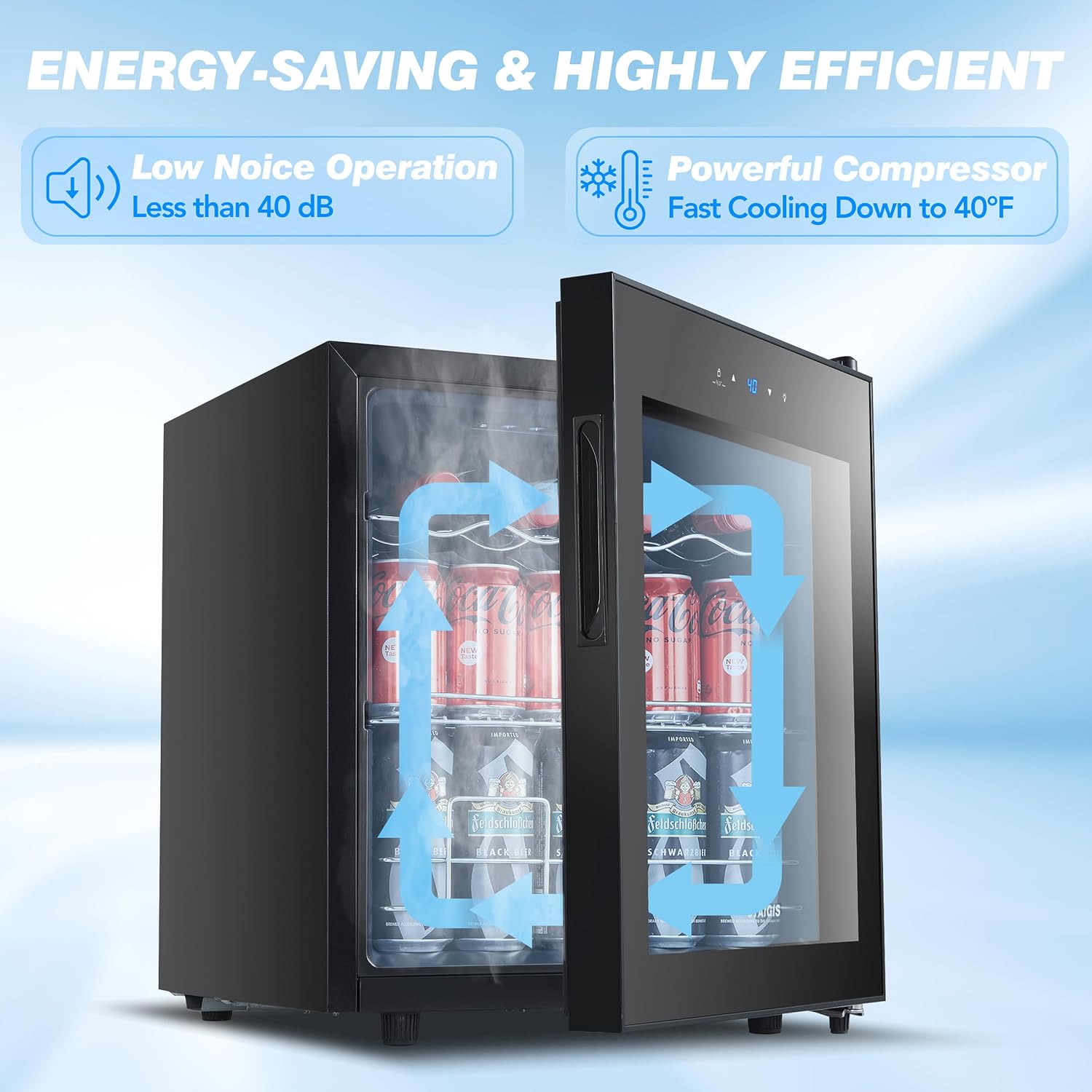 Beverage Refrigerator, 1.6 Cu.ft Mini Fridge w/ 120 Can Capacity, Small Cooler for Home - Freestanding, Glass Door Black