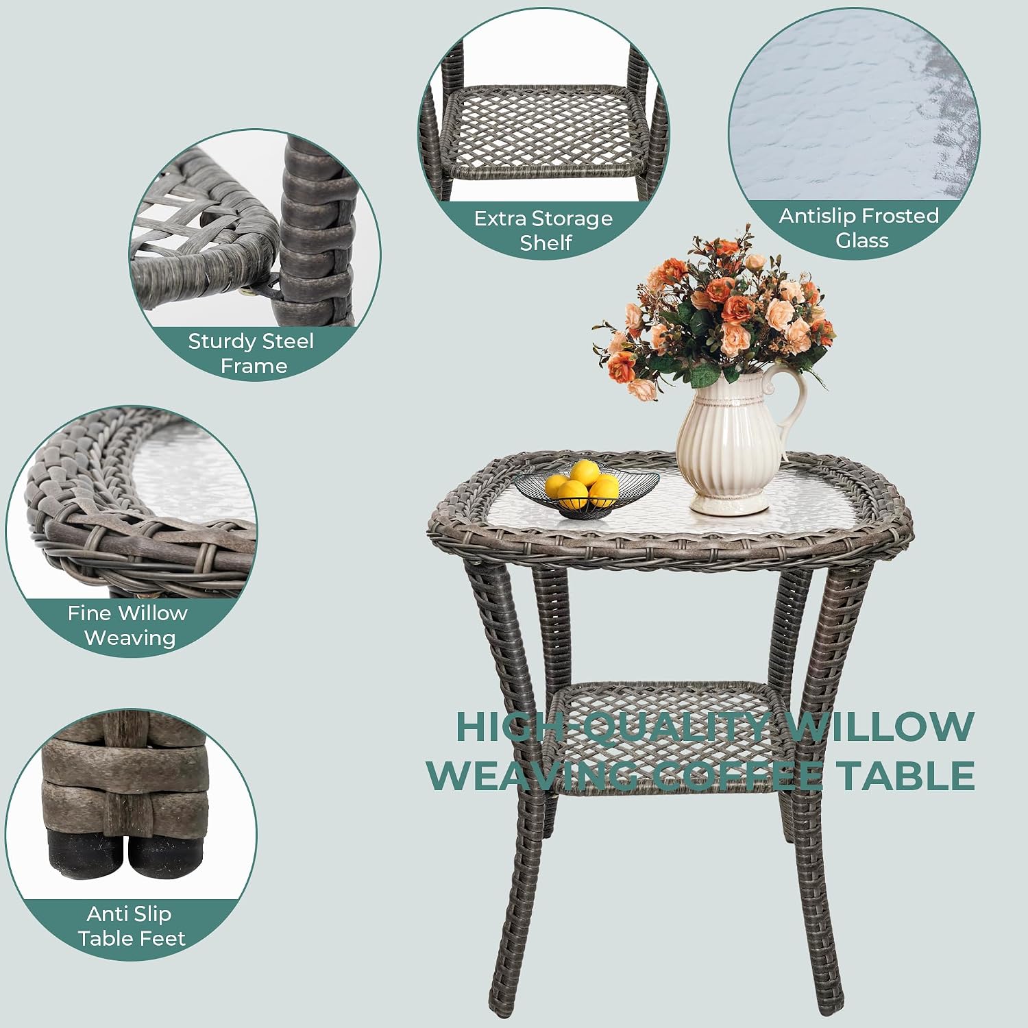 Wicker Rocking Chair Set of 2, 3-Piece Outdoor Patio Rocker Chair with Cushions & Steel Frame, All-Weather Outdoor Rattan Rocking Chair with Side Table for Lawn Porch Garden (Grey, Style 3)