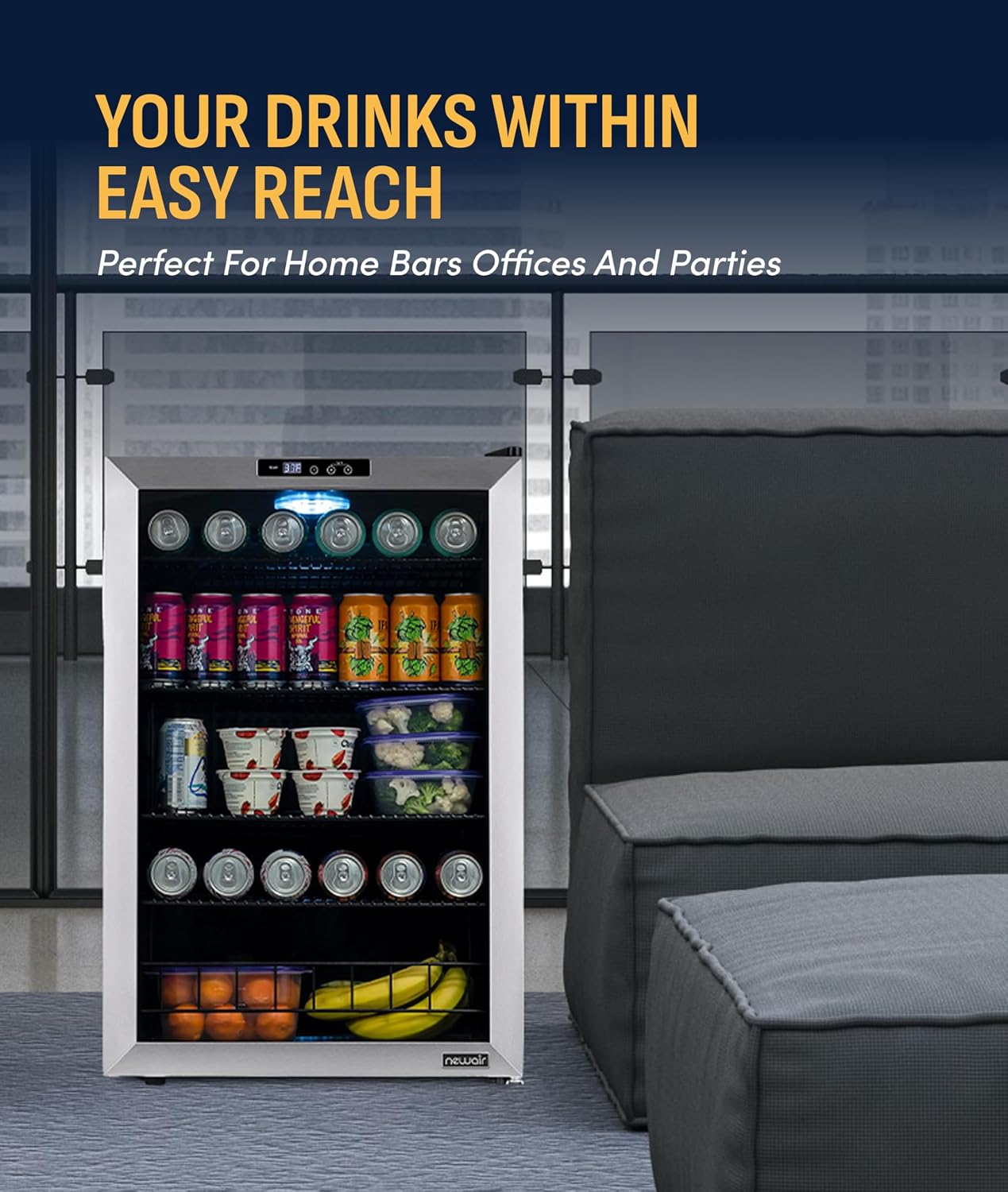 NewAir 160 Can Beverage Refrigerator | Freestanding Small Mini Fridge for Bedroom, Home Bar or Living Room | SplitShelf Storage, Digital Thermostat & LED Light | Stainless Steel