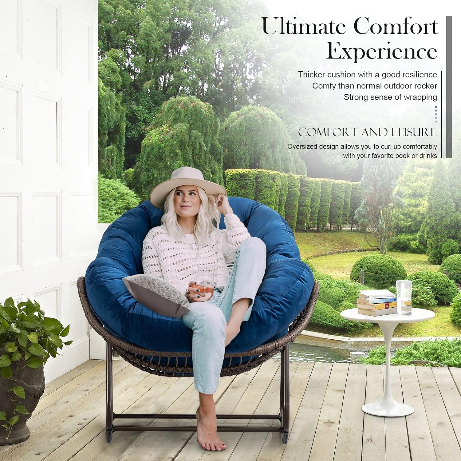 Outdoor Rocking Chair,Patio Oversized Rattan Egg Chair,Indoor Outside Padded Cushion Rocker Recliner Chair,Modern Lounge Chair for Front Porch,Garden,Backyard,Balcony,Deck,Navy Blue,Set of 1