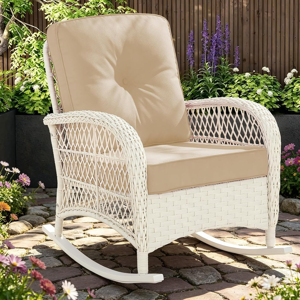 MEETWARM Outdoor Wicker Rocking Chair, Rattan Patio Rocker Chairs with Cushions and High Back, All-Weather Patio Wicker Chair with Safe Rocking Design for Garden Backyard Porch, Cream White/Beige