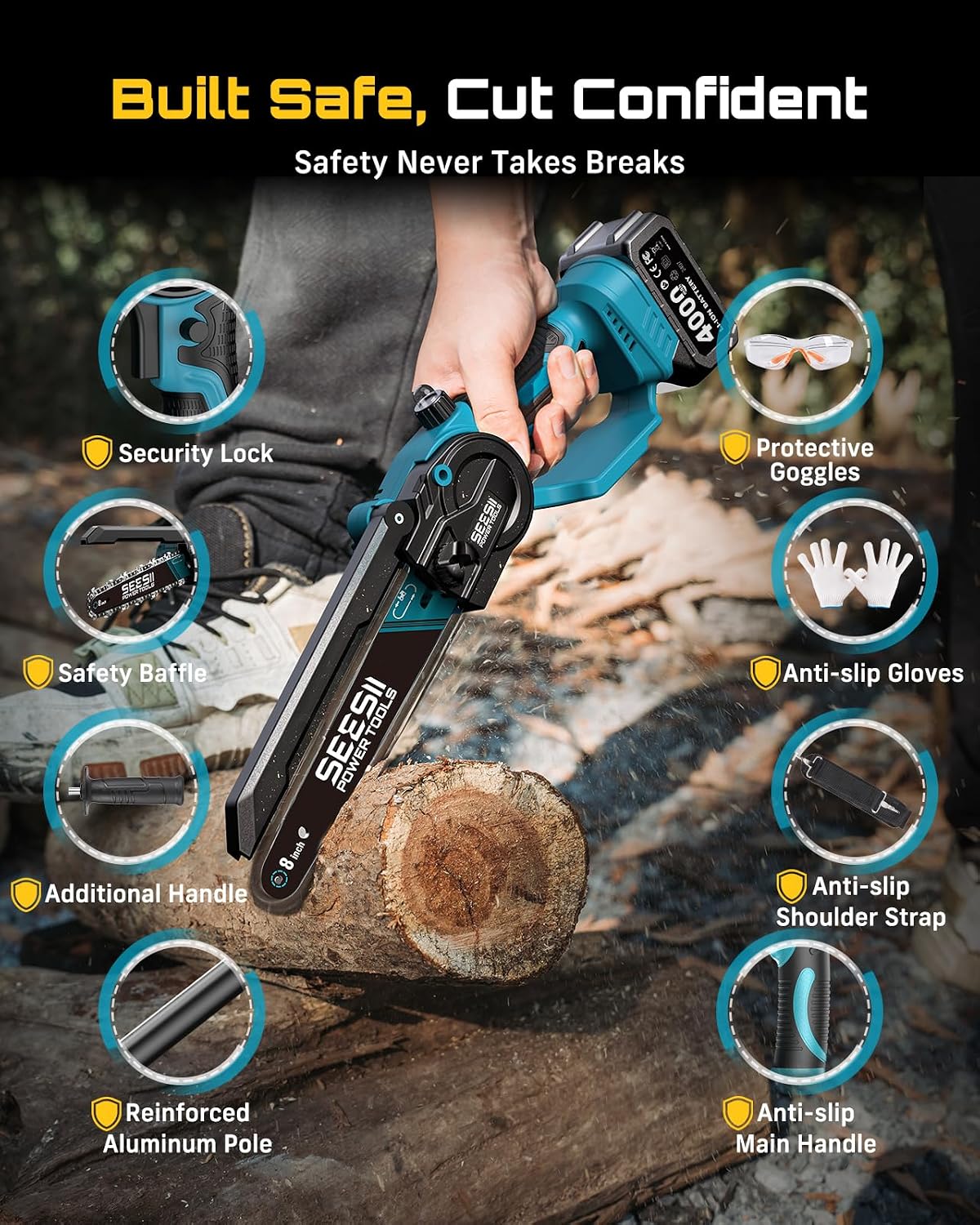 SEESII 2 in 1 Cordless 8 inch Pole Saw & Mini Chainsaw with 2 Battery, Power Electric Polesaw for Tree Trimming, Chain Saw with Extension Pole, Limb Branch Cutter Pruner P8 Ace