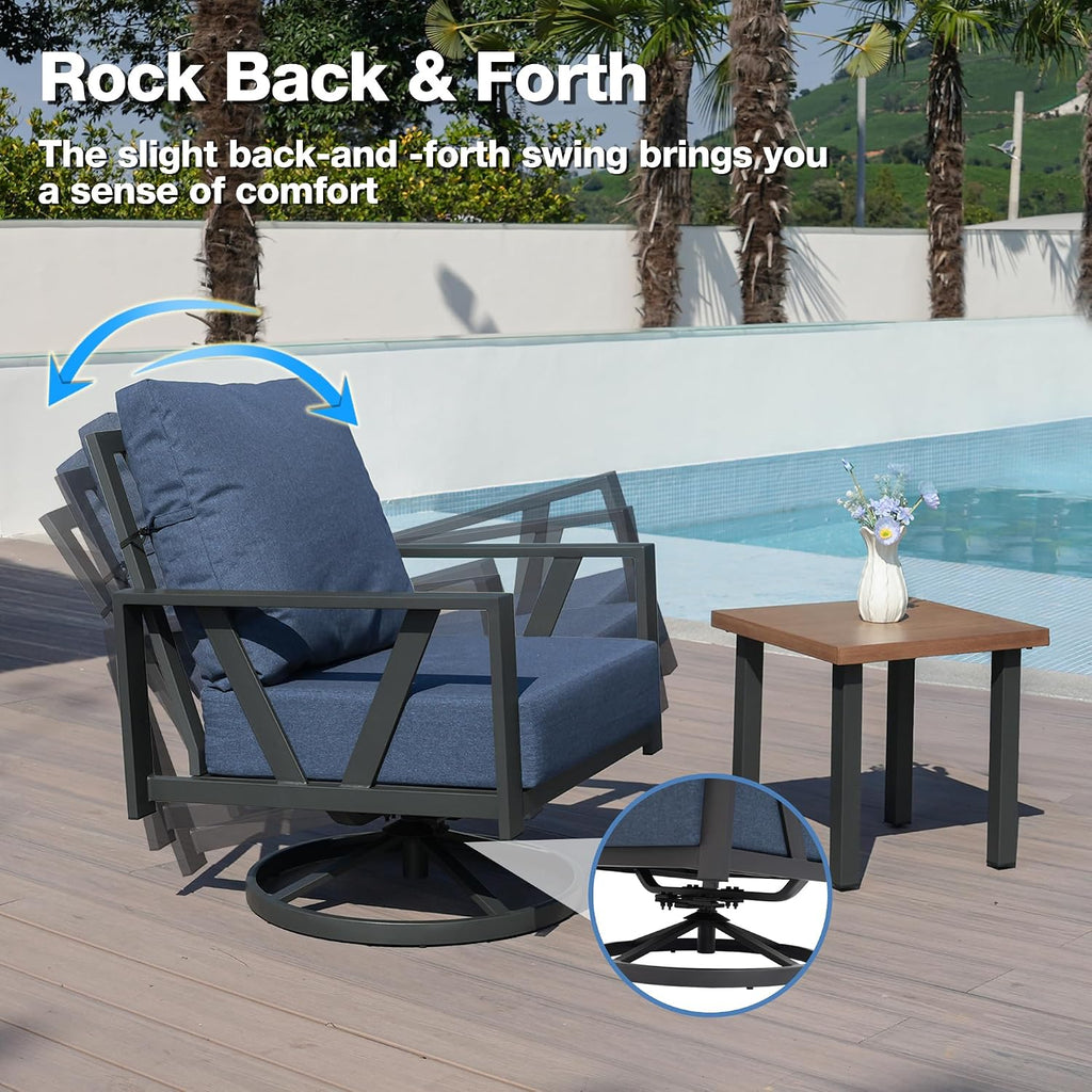 Outdoor Patio Swivel Rocking Chairs Set, Patio Porch Furniture with 6' Thick Cushions, 3 Pieces Outdoor Bistro Set with Coffee Table for Balcony, 350lbs, Blue