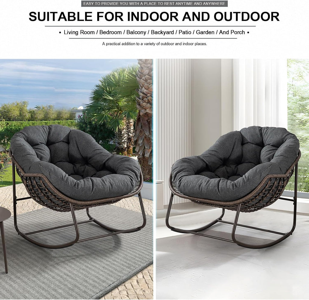 Outdoor Rocking Chair, Patio Oversized Wicker Egg Rocking Chair, Indoor & Outdoor Comfy Rocker Chair with Thick Cushion, Modern Lounge Chair for Balcony, Front Porch, Garden, Backyard, Deck, Grey