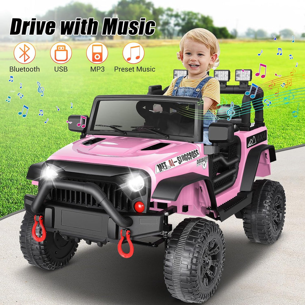 Hikole 24V Ride on Toys for Big Kids with Remote Control, 4X4 400W Battery Powered Truck with Bluetooth, Music, LED Lights, Shock Springs, Safety Belt, Power Wheels 24 Volt for Boys Girls 3-5, Pink