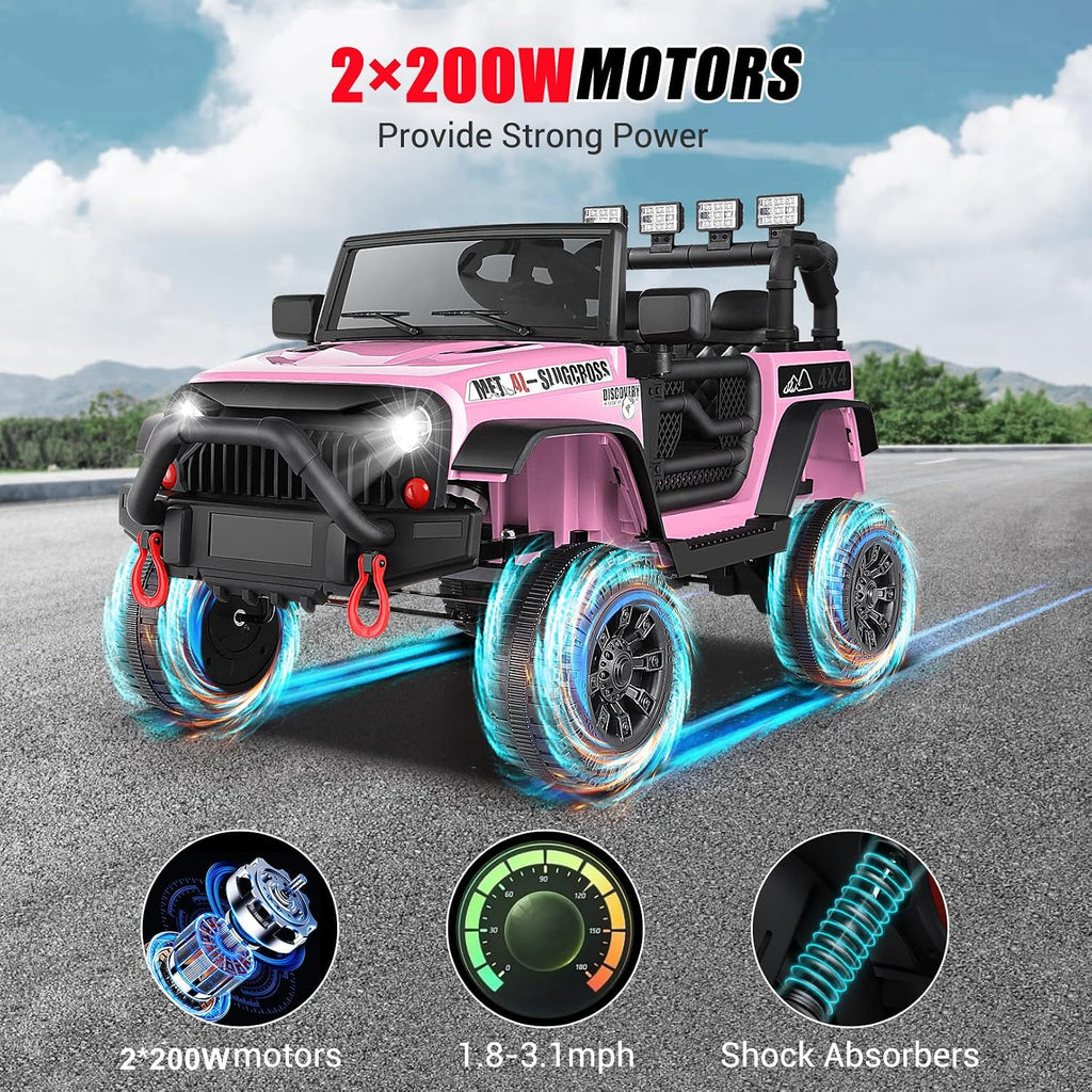 Hikole 24V Ride on Toys for Big Kids with Remote Control, 4X4 400W Battery Powered Truck with Bluetooth, Music, LED Lights, Shock Springs, Safety Belt, Power Wheels 24 Volt for Boys Girls 3-5, Pink