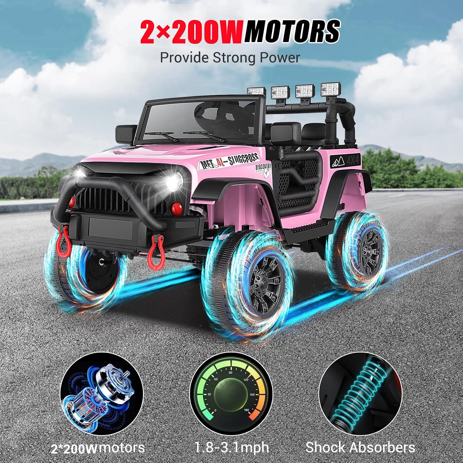 Hikole 24V Ride on Toys for Big Kids with Remote Control, 4X4 400W Battery Powered Truck with Bluetooth, Music, LED Lights, Shock Springs, Safety Belt, Power Wheels 24 Volt for Boys Girls 3-5, Pink