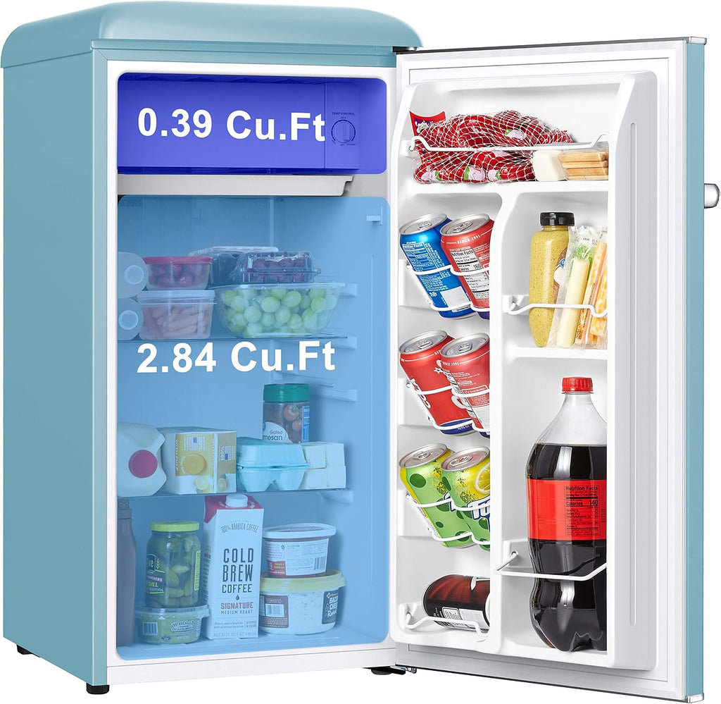 Galanz GLR33MBER10 Retro Compact Refrigerator, Single Door Fridge, Adjustable Mechanical Thermostat with Chiller, Blue, 3.3 Cu Ft