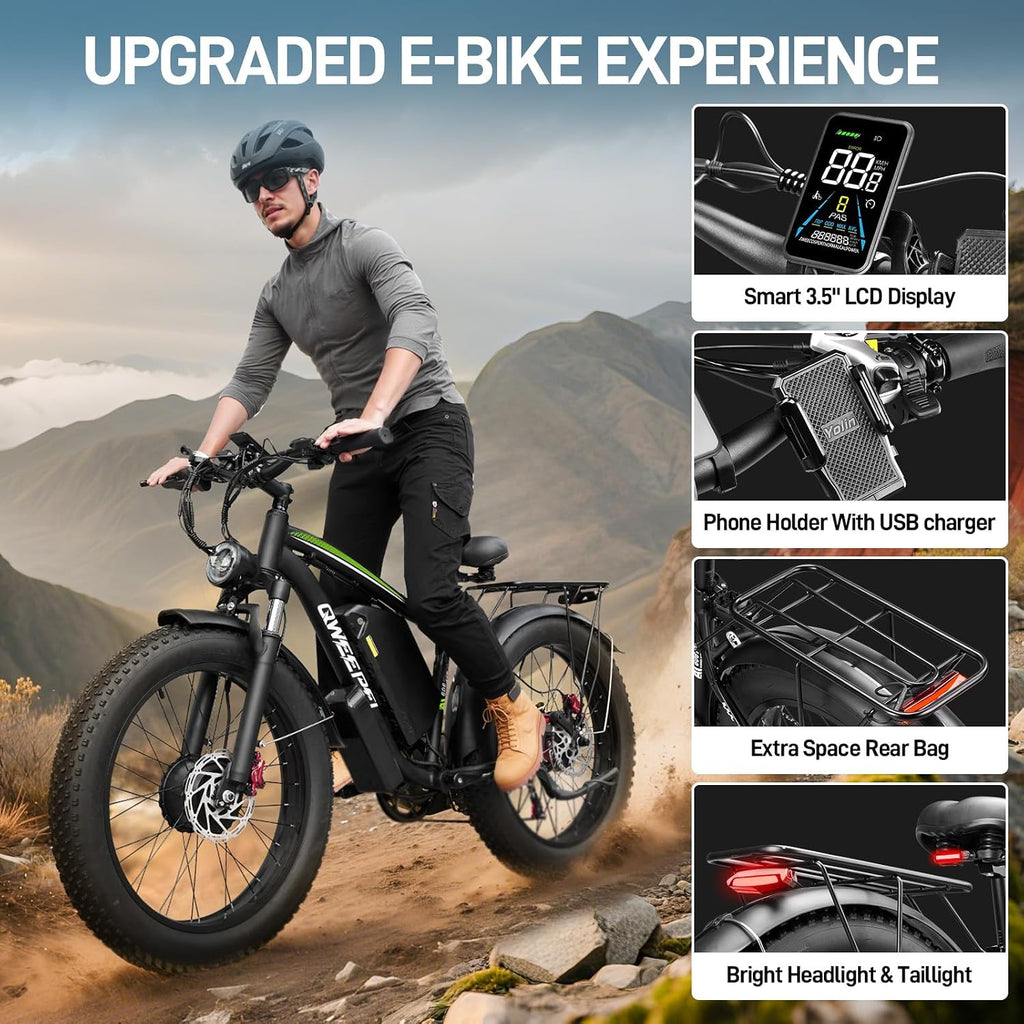 58V Max-Output Dual Motor Ebike, Peak 9000W for Adults 36AH Battery 47MPH 105 Miles Range 24 Inch Fat Tire Electric Bike LCD Display for Man Women