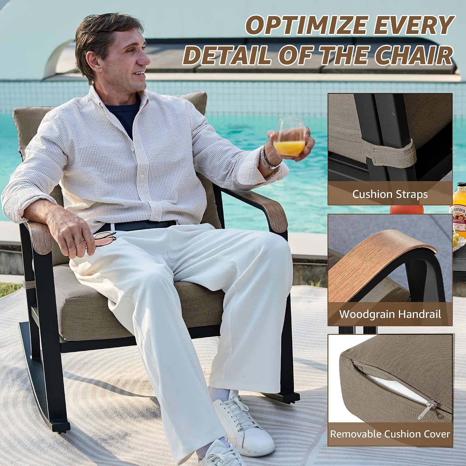 NATURAL EXPRESSIONS 3-Piece Patio Bistro Rocking Set,Outdoor Rocking Chairs with 350lb Capacity, Thick 5.5' Olefin Cushions and Metal Coffee Table for Balcony, Porch, Backyard