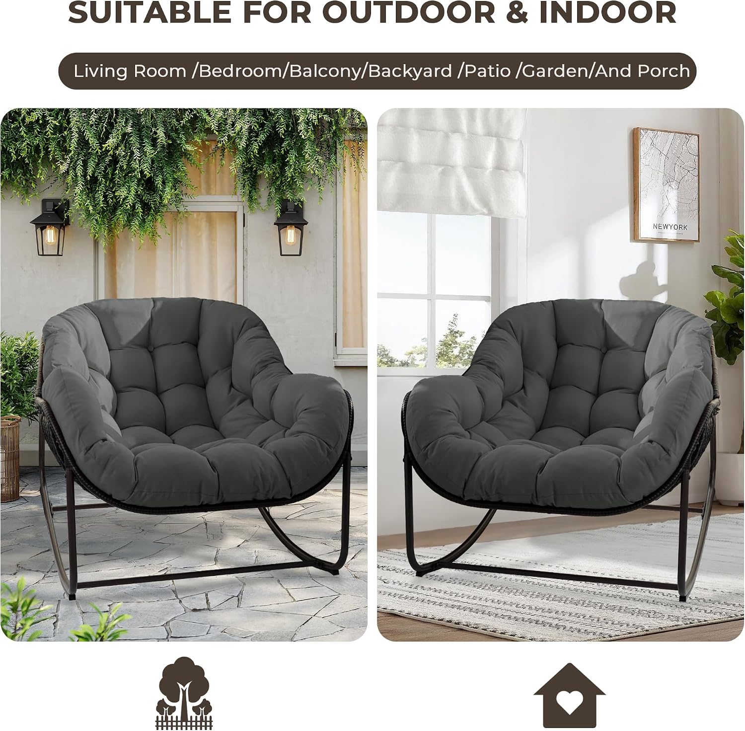 Papasan Rocking Chair Outdoor, Oversized Patio Rocking Chair with Cushions & Steel Frame, Wicker Egg Lounge Chair Indoor, Comfy Reading Chair for Patio, Deck, Porch (Grey, Style 1)