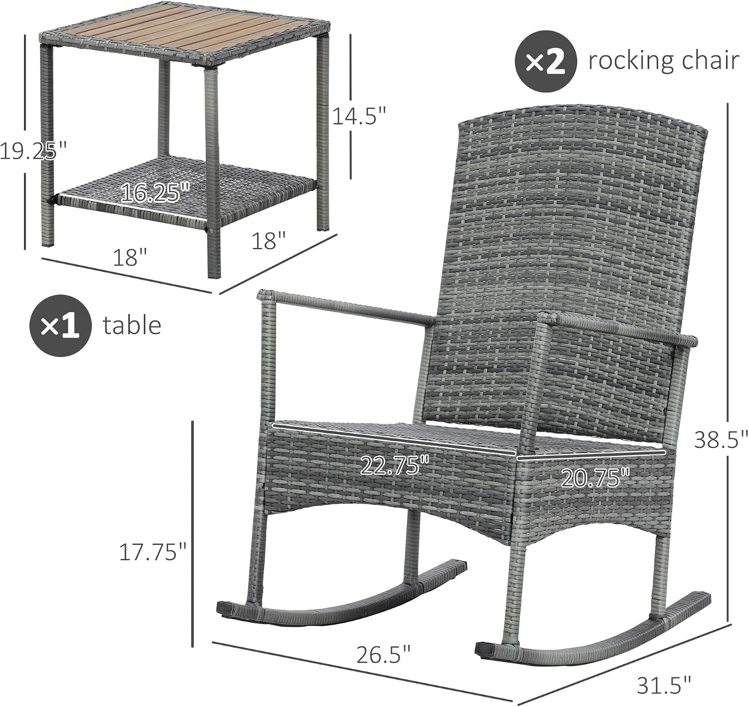 Outsunny 3 Piece Patio Rocking Chair Set, 2 PE Wicker Rocking Chairs, Cushioned, 1 Two-Tier Wood Slat Coffee Table, Rattan Front Porch Furniture, Gray