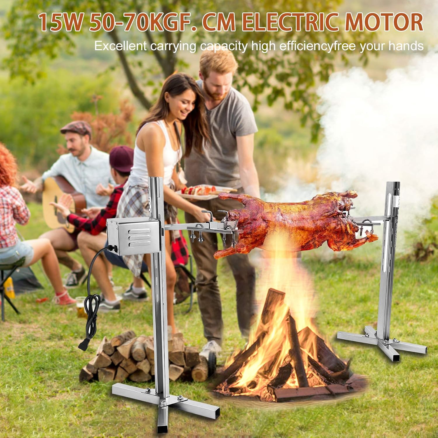 Rotisserie Grill Kit, 15W Automatic Rotisserie Grill Motor and 5 Gears Height Adjustable Outdoor Stainless Steel Rotisserie Kit for 30 KG Pig, Hog Lamb, Turkey