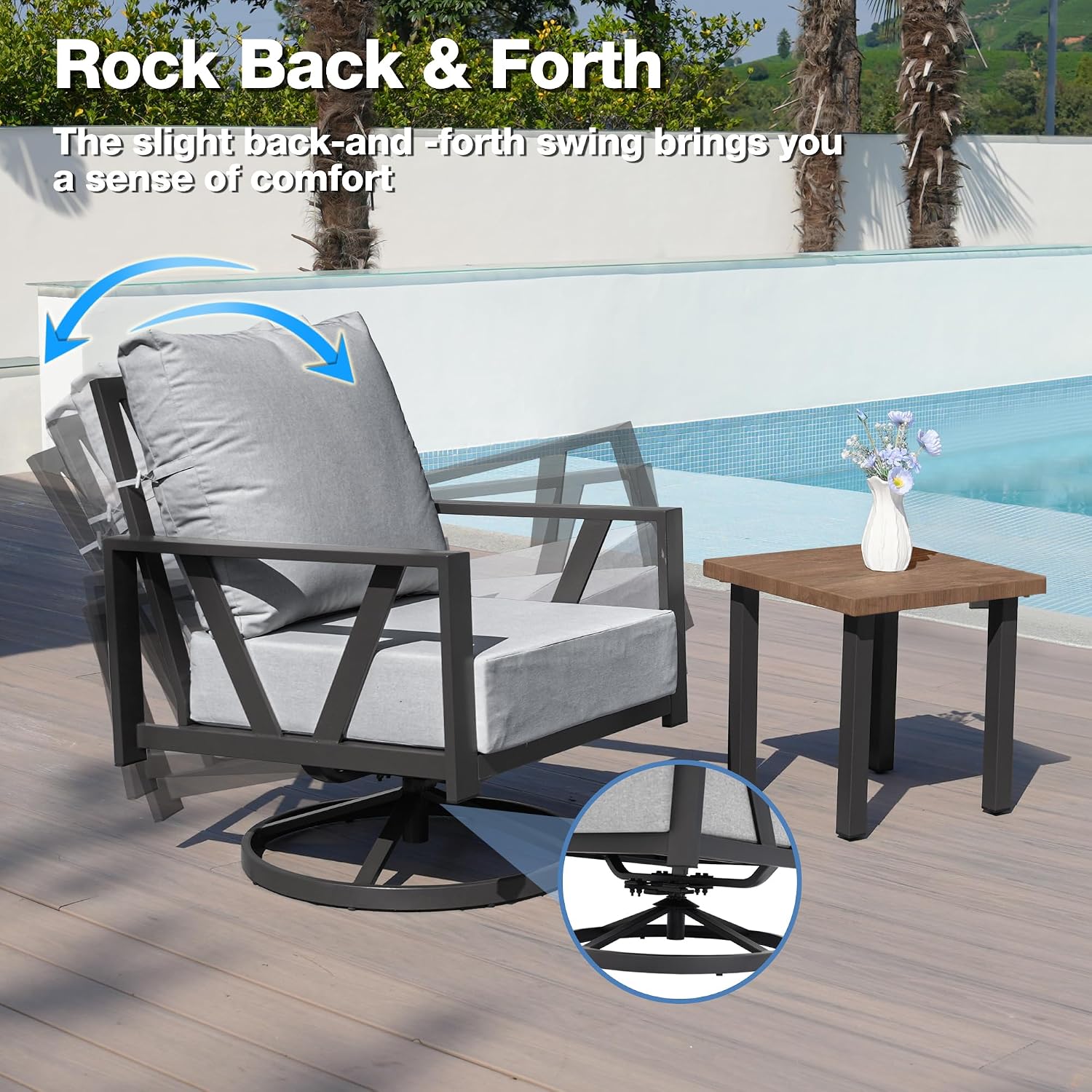 Outdoor Patio Swivel Rocking Chairs Set, Front Porch Furniture with 6' Thick Cushions, 3 Pieces Outdoor Bistro Set with Coffee Table, 350lbs, Light Grey