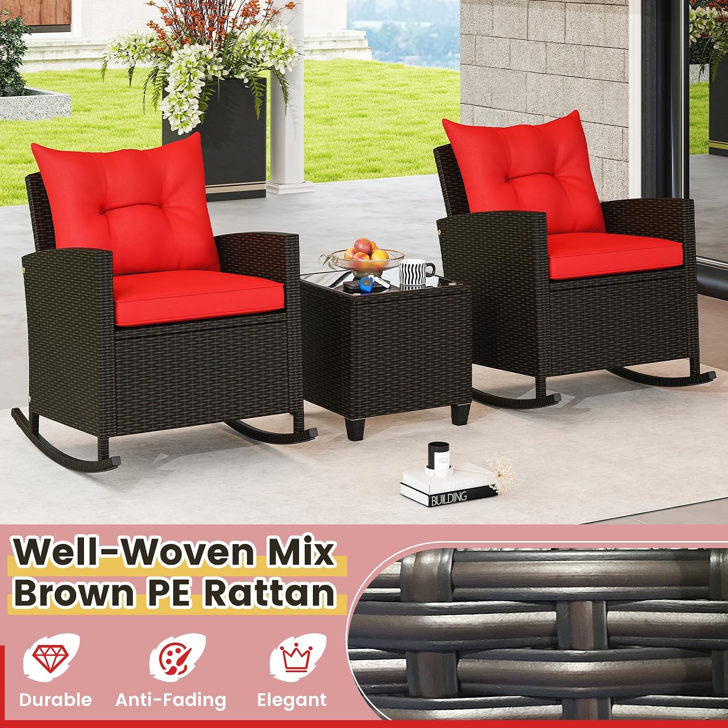 KOTEK 3 Piece Patio Furniture Rocking Bistro Set, Wicker Outdoor Rocking Chairs & Glass Table, PE Rattan Conversation Set for Porch, Balcony, Deck, Poolside (Mix Brown- Red)