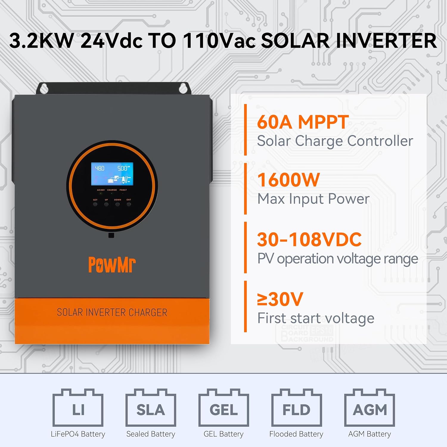 PowMr Solar Inverter 3200W 24VDC to 110VAC, 3.2KW Pure Sine Wave Inverter Bulit-in 60A MPPT Controller and with 40A AC Charger, Max.PV Input 1600W 108V, fit for Lead-Acid and Lithium Battery