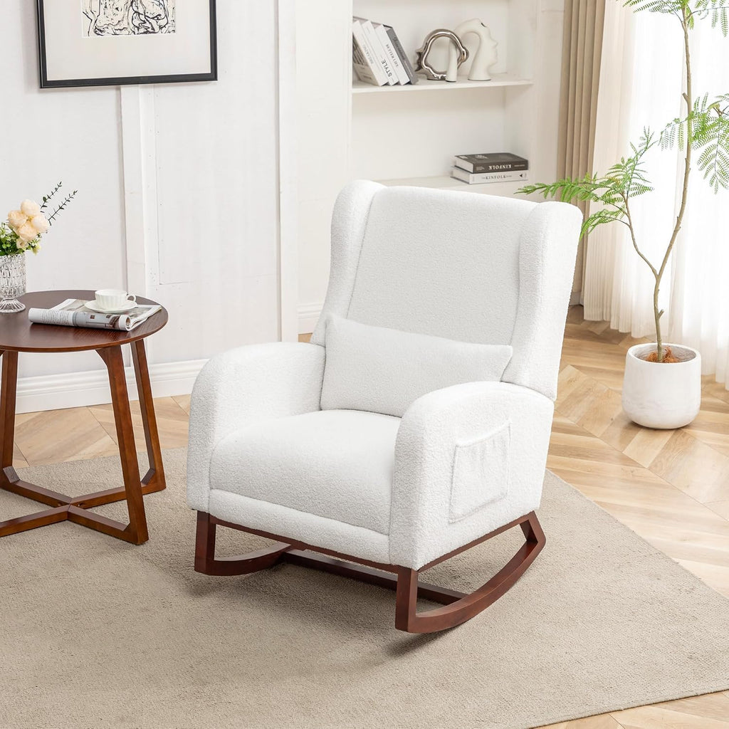 HCHAIRH Rocking Chair Nursery with Foot Rest, Wingback Nursery Rocking Chairs Sherpa Nursing Chairs Glider Rocker with Pillow for Living Room, Bedroom, Teddy White